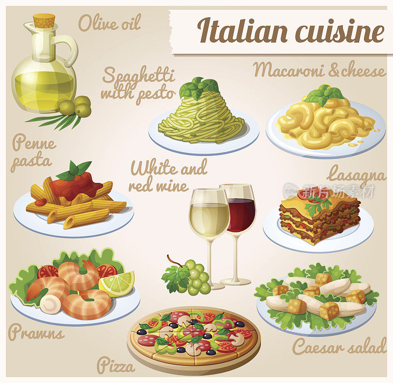 一组食物图标。意大利菜。香蒜酱意大利面，千层面