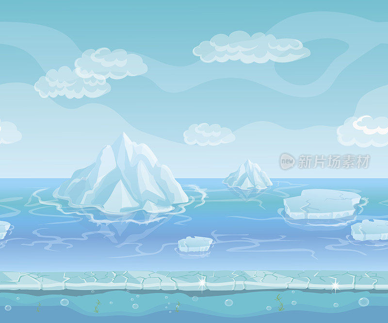 卡通冬季景观与冰山，冰，雪。无缝的向量