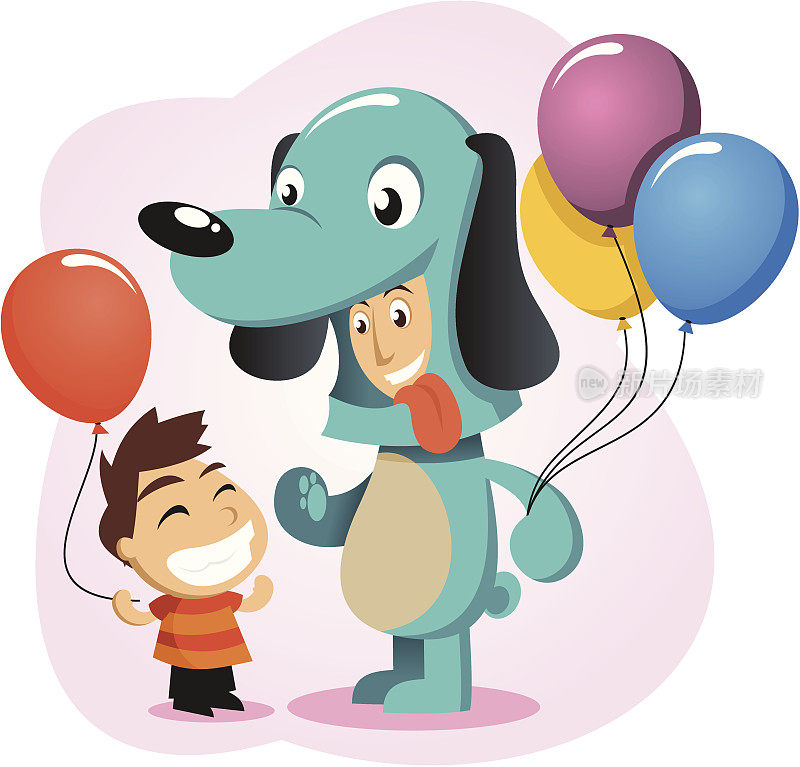 游乐园的狗气球吉祥物和孩子玩