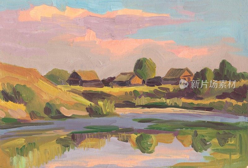 夏天农村景观。房子，河边的树。油画