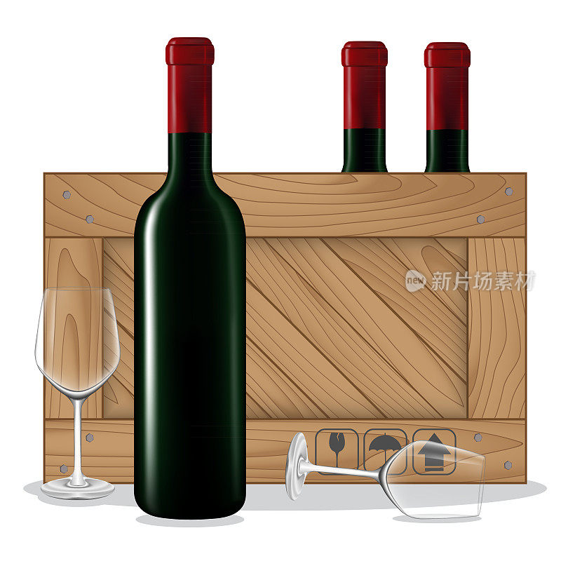 木盒瓶装葡萄酒和玻璃葡萄酒