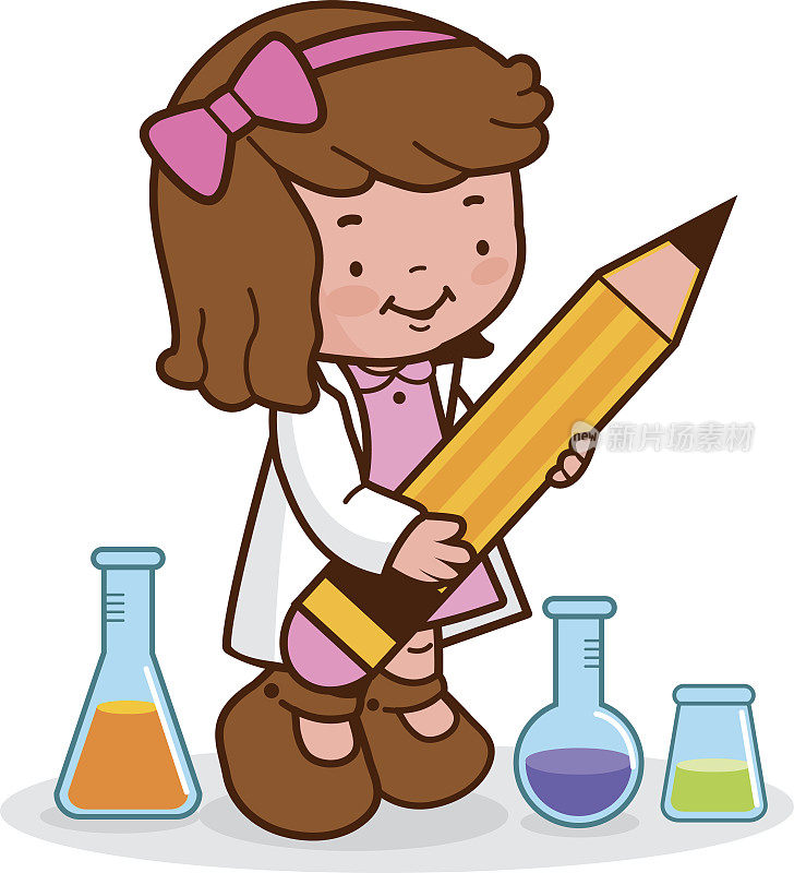 科学课上拿着一支大铅笔的女孩。