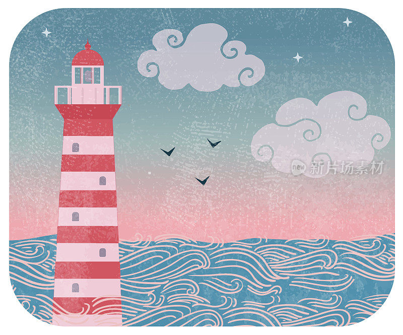矢量复古插图与红色和白色的灯塔在早晨的海洋，与波，鸟和云