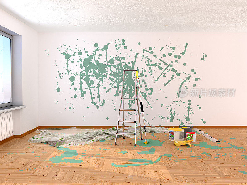 在房间里修理。绿色的画。