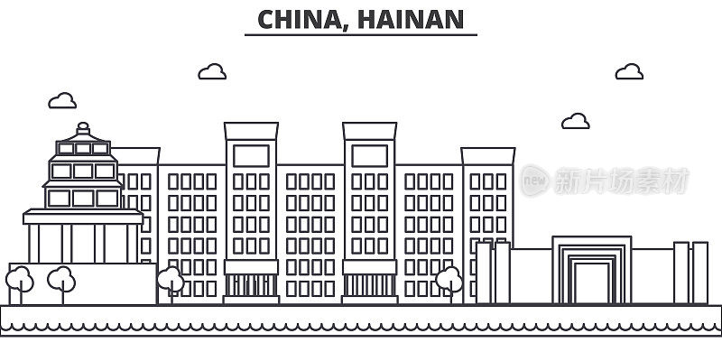 中国，海南建筑线天际线插图。线性向量的城市景观与著名的地标，城市景观，设计图标。风景与可编辑的笔触