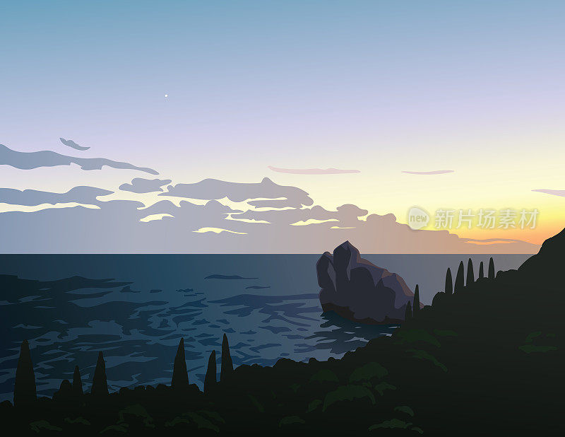 美丽的夏天海景。日落。观景海岸线入海与石岛湾内。黄昏天空中的第一颗小星星。克里米亚。Simeiz。插图。场景为您的设计。向量。