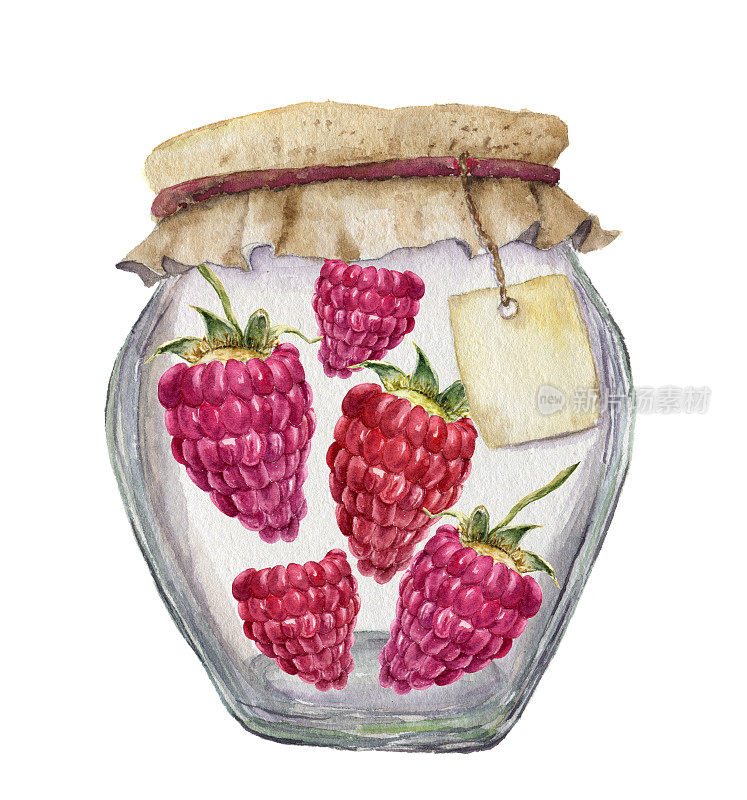 水彩玻璃罐果酱与标签的铭文和覆盆子。插图孤立在白色背景上。为设计，纺织和背景。