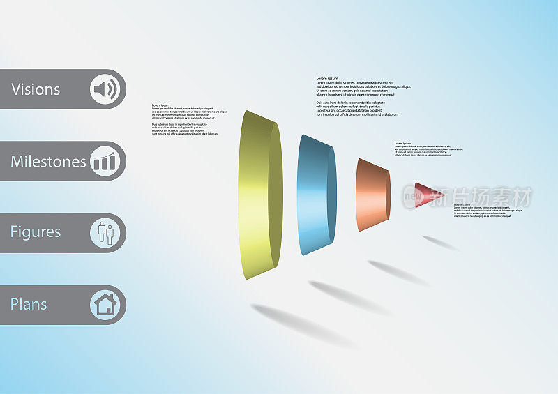 三维插图信息图形模板与圆锥体主题垂直分为四个颜色部分与简单的标志和样本文本在侧酒吧。浅蓝色渐变被用作背景。