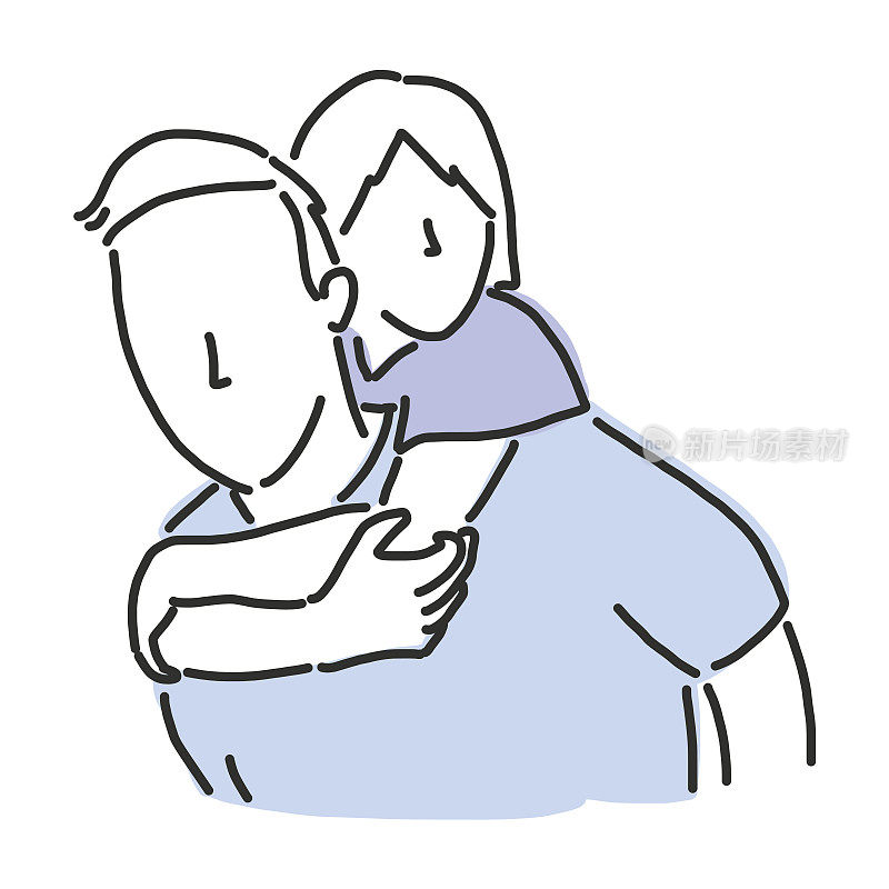 父亲节快乐当爸爸和孩子们在快乐的时光里一起拥抱和微笑，有一个幸福的家庭酷爸爸，线画矢量插画平面设计