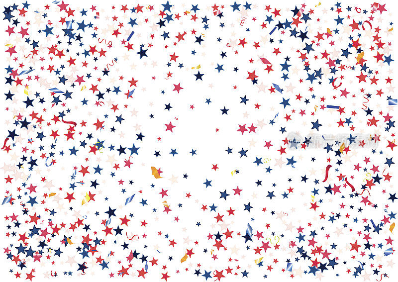 抽象背景与飞天红、蓝、银星、五彩纸屑隔离。美国爱国节日的空白节日模板