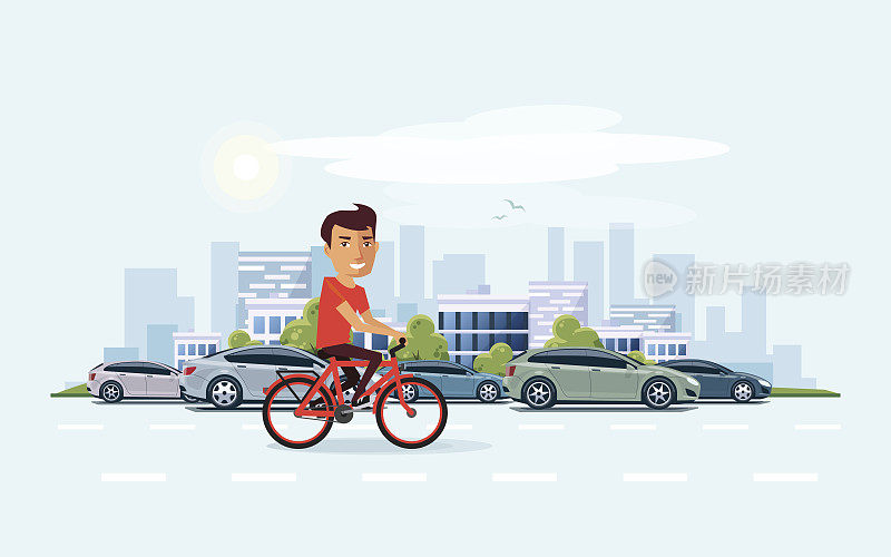 在街道上骑自行车的人与城市天际线背景