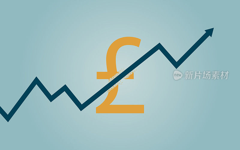 平面图标设计的上升趋势线箭头突破英镑货币符号的蓝色背景
