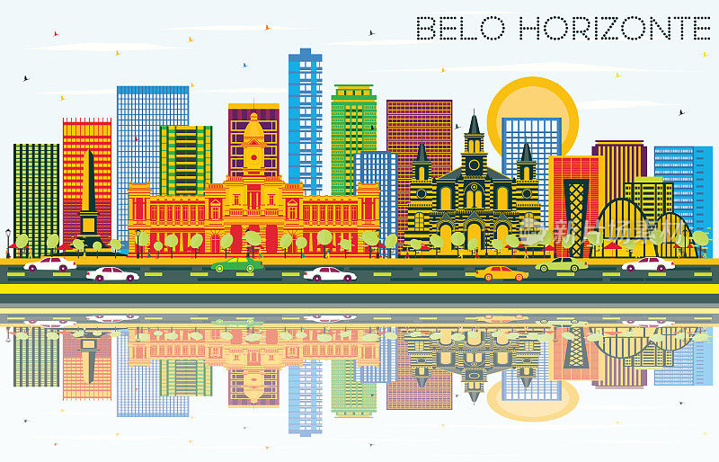 贝洛奥里藏特巴西天际线与彩色建筑，蓝天和反射。