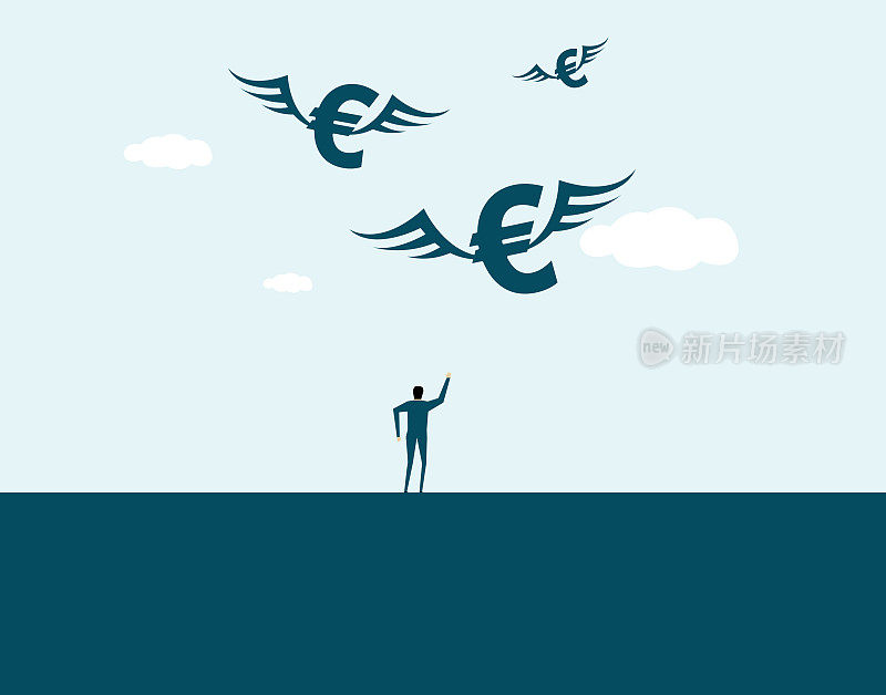 矢量插图，带有翅膀的货币符号，追求和理想
