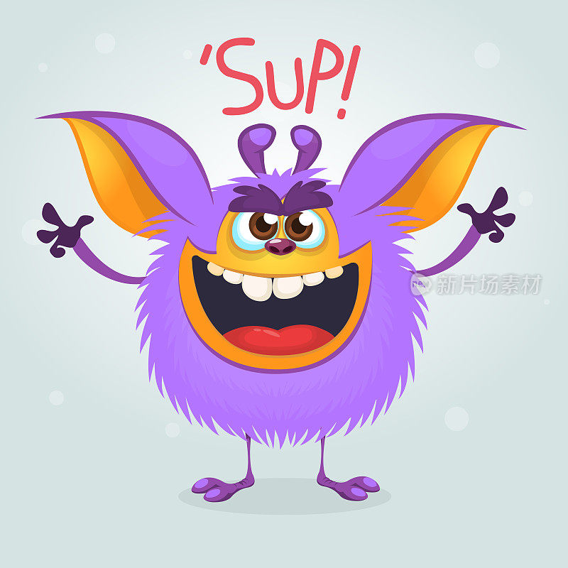 愤怒的紫色卡通怪物格莱姆林用一张大嘴巴大喊大叫。万圣节的矢量图
