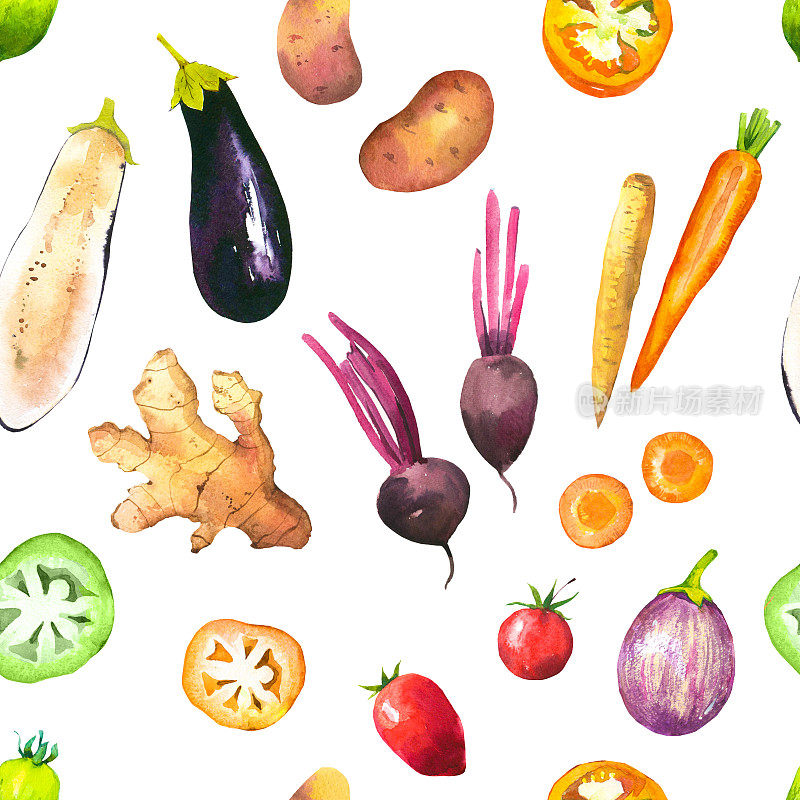 水彩插图与组成农场种植的插图。无缝模式上的白色背景。蔬菜集:西红柿，土豆，胡萝卜，甜菜，茄子，生姜。新鲜的有机食品