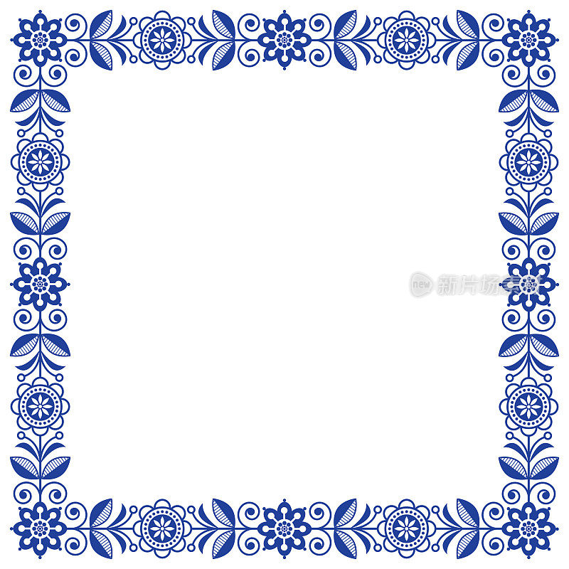 斯堪的纳维亚民间艺术矢量框架，可爱的花边框，方形图案与海军蓝花-请柬，问候卡