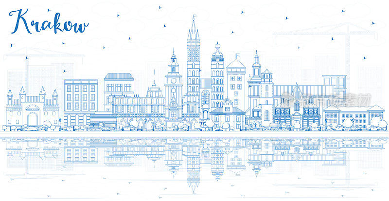 波兰克拉科夫城市天际线的轮廓与蓝色的建筑和反射。