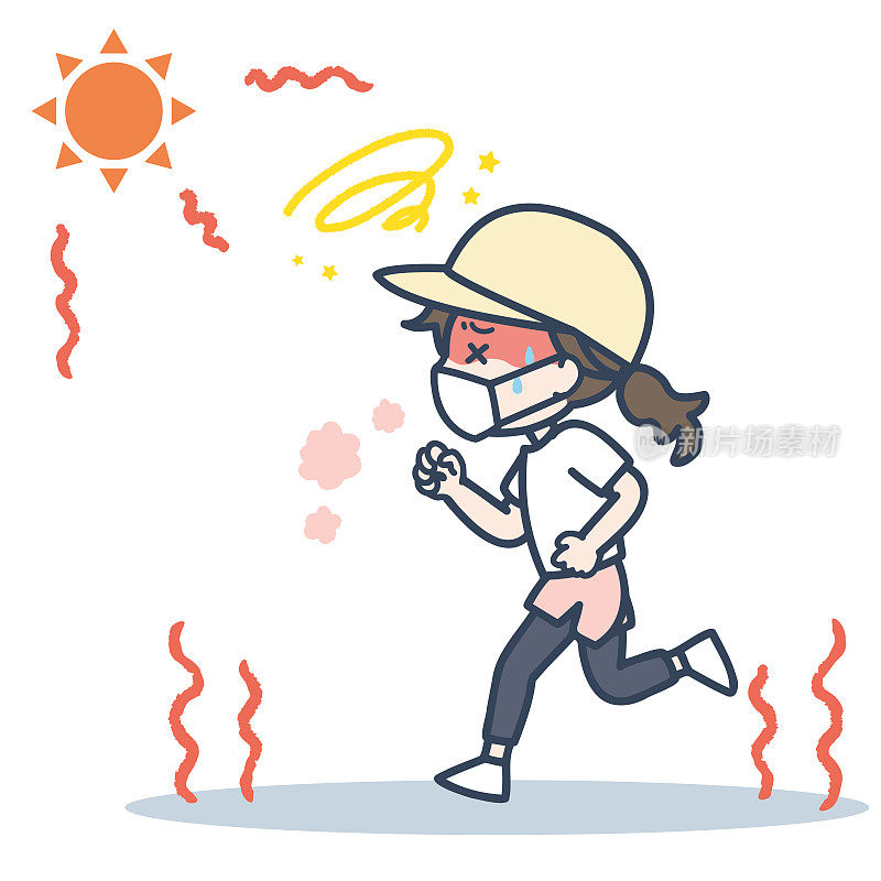 这是一个女人戴着面具在烈日下奔跑的插图。矢量图像。