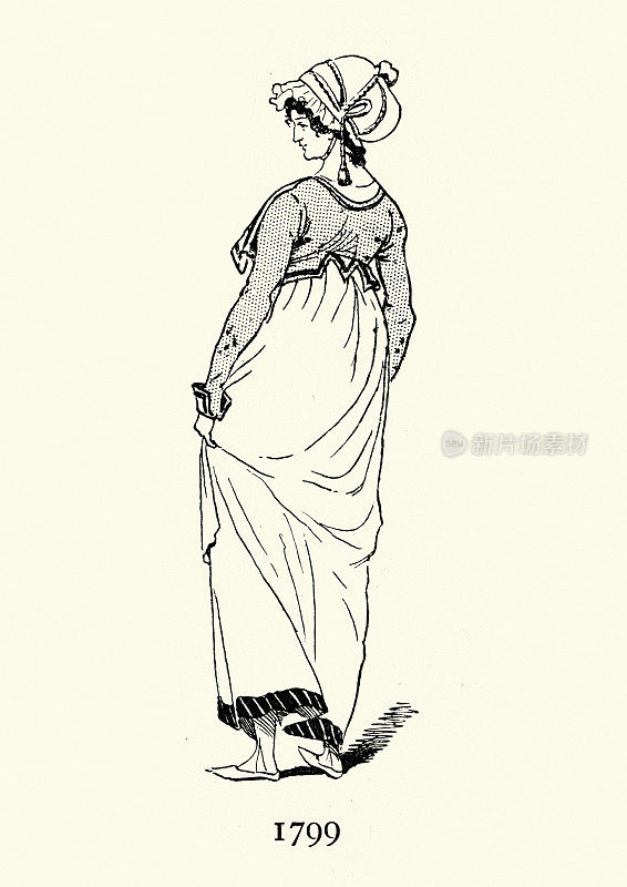18世纪晚期，穿着高腰连衣裙的年轻女子