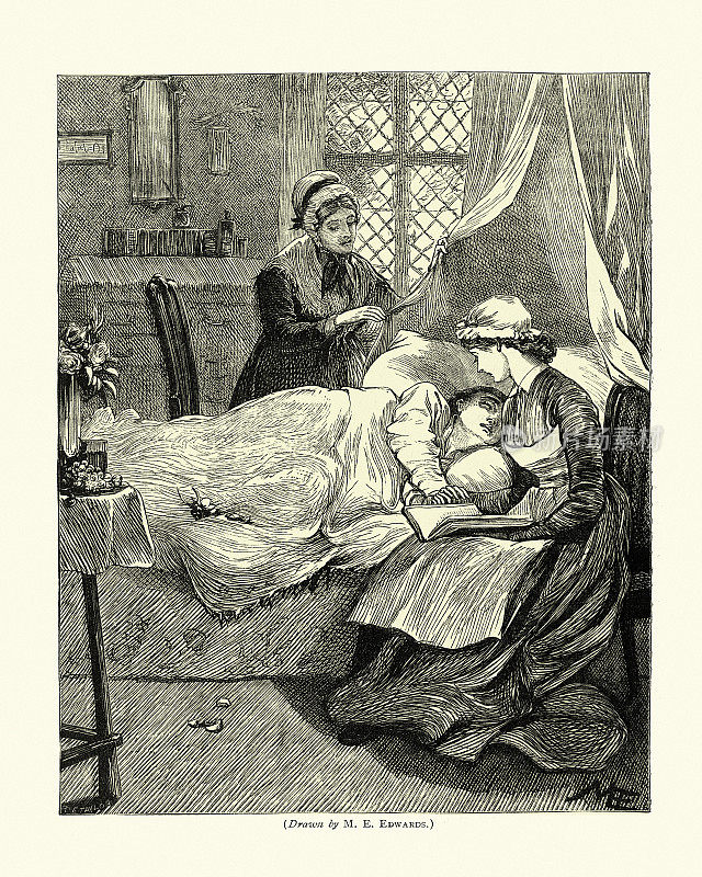 19世纪70年代，维多利亚时代的护士在照顾一位病人