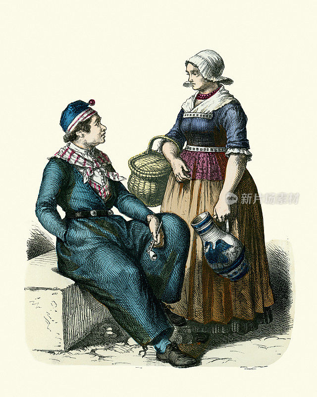 荷兰渔夫和妻子，传统时尚，荷兰，19世纪