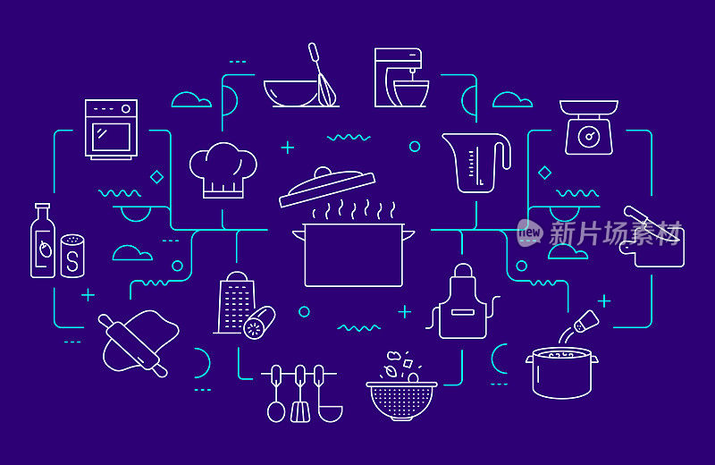 烹饪相关的网页横幅线条风格。现代线性设计矢量插图