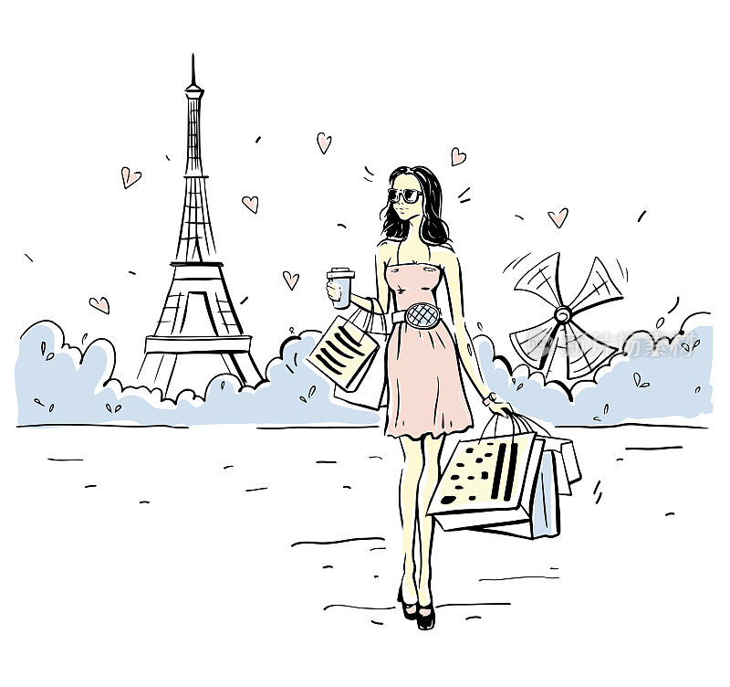 矢量手绘的背景上的一个女孩在巴黎埃菲尔铁塔的背景。在巴黎购物。旅游业。孤立的背景。
