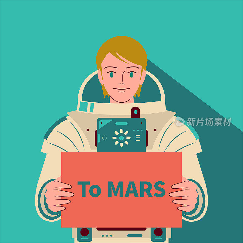 微笑美丽的女宇航员(女宇航员)不戴头盔举着一个写有“去火星”的牌子，探索火星，火星移民，太空旅行和探索，外层空间竞争