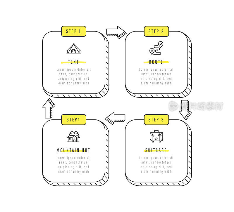 信息图表设计模板。帐篷，路线，手提箱，山小屋图标与4个选项或步骤。