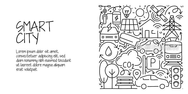 智慧城市相关的涂鸦插图。现代设计矢量插图的网页横幅,网站标题等。