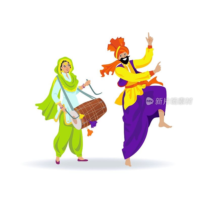 快乐多彩的锡克教夫妇，胡子男子在头巾跳舞bhangra，快乐的年轻女士在绿色旁遮普服装打鼓在节日，婚礼，派对。孤立的卡通人物在白色背景