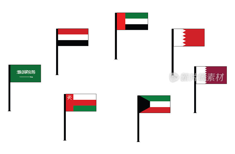 海湾合作委员会海湾国家阿拉伯海湾或波斯湾国旗图标设置在孤立的白色背景。阿拉伯联合酋长国、科威特、卡塔尔、巴林、沙特阿拉伯、也门和阿曼。