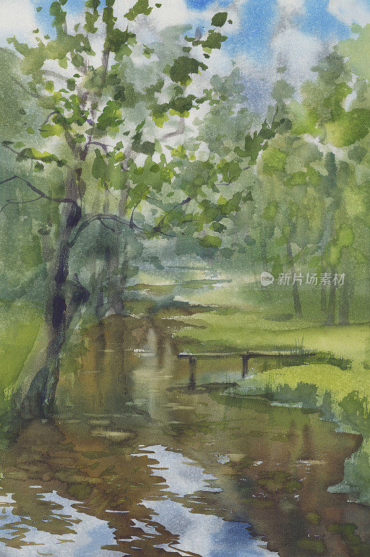 森林中的一条小溪在春天的水彩画背景