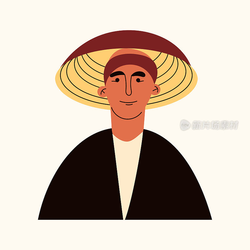 亚洲男子的肖像戴着锥形草帽，传统的中国越南头饰。年轻微笑的中国小伙子的化身。东方男性的性格。平面矢量卡通插图孤立在白色
