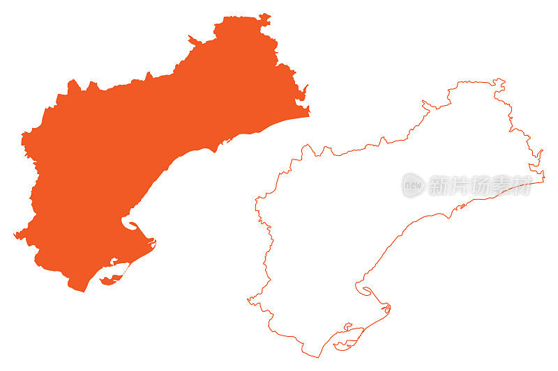 塔拉戈纳省(西班牙王国，加泰罗尼亚自治社区)地图矢量插图，潦草素描塔拉戈纳地图