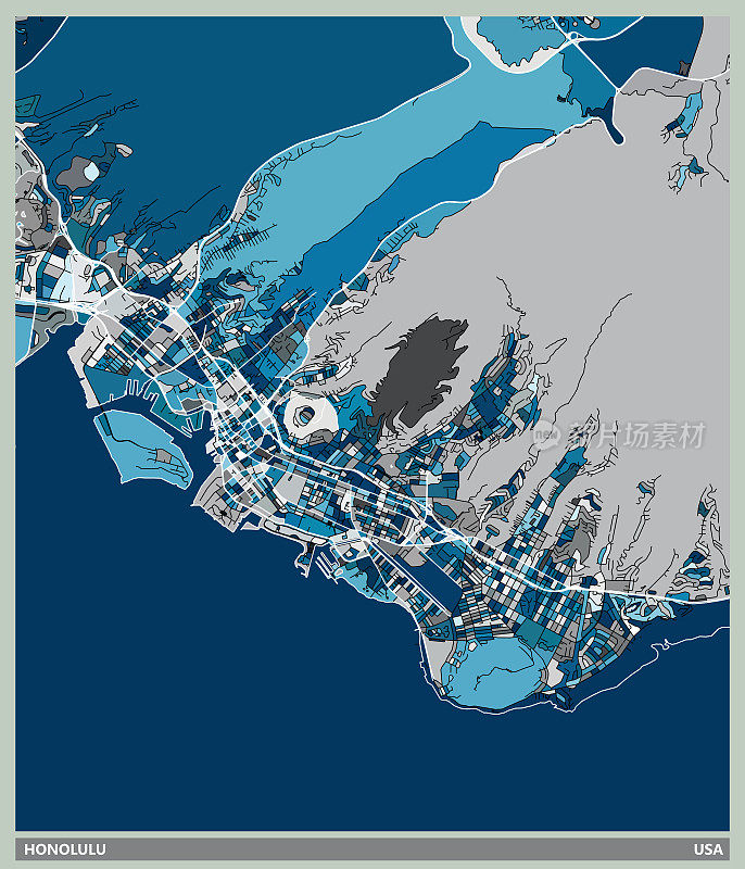 蓝色艺术插图风格地图，檀香山城市，美国