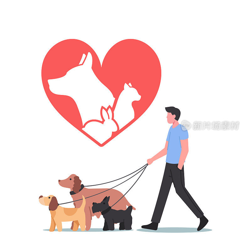 宠物救助和保护概念。男性角色与养狗团队一起散步。休闲、交流