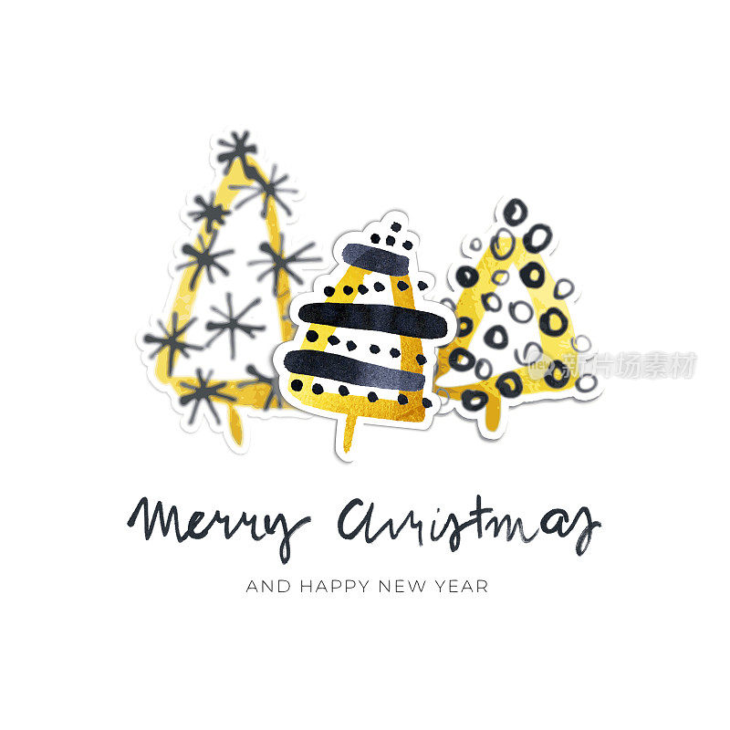 简单的圣诞贺卡与三棵圣诞树在中间和手写文本下矢量插图黑色和金色隔离在白纸背景与凌乱和不均匀的点点线和锯齿形股票插图