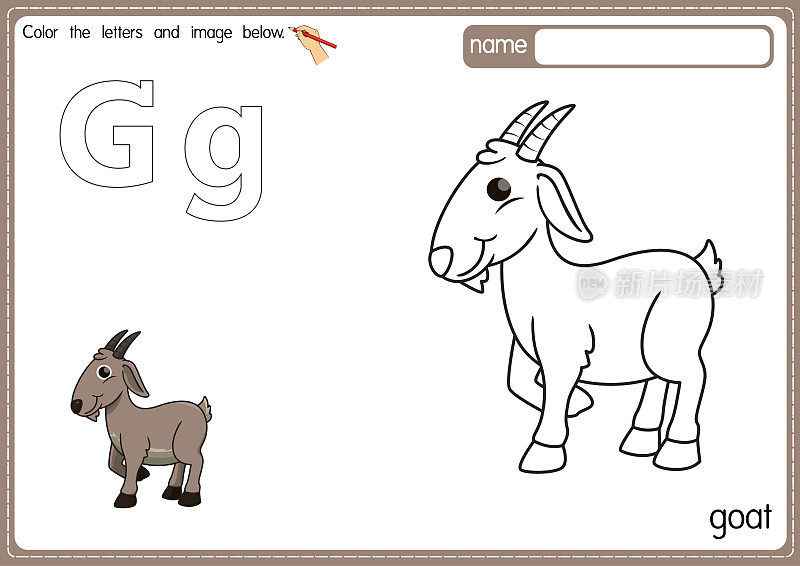 矢量插图的儿童字母着色书页与概述剪贴画，以颜色。字母G代表山羊。