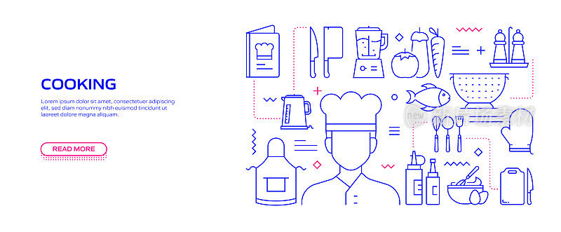 烹饪相关的现代线条风格矢量插图