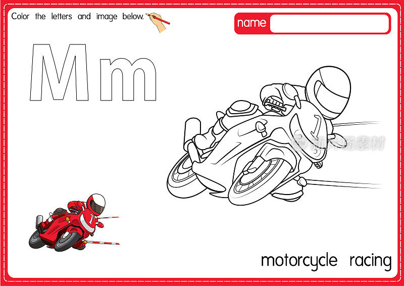 矢量插图的孩子字母表着色书页与轮廓剪贴画的颜色。字母M代表摩托车比赛。