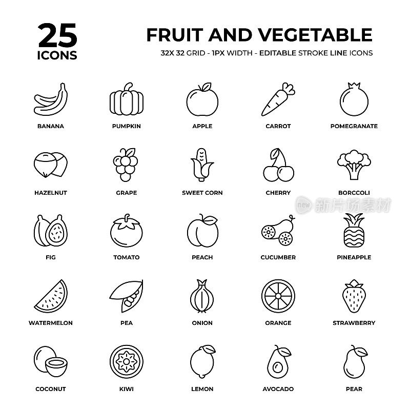 水果和蔬菜线图标集