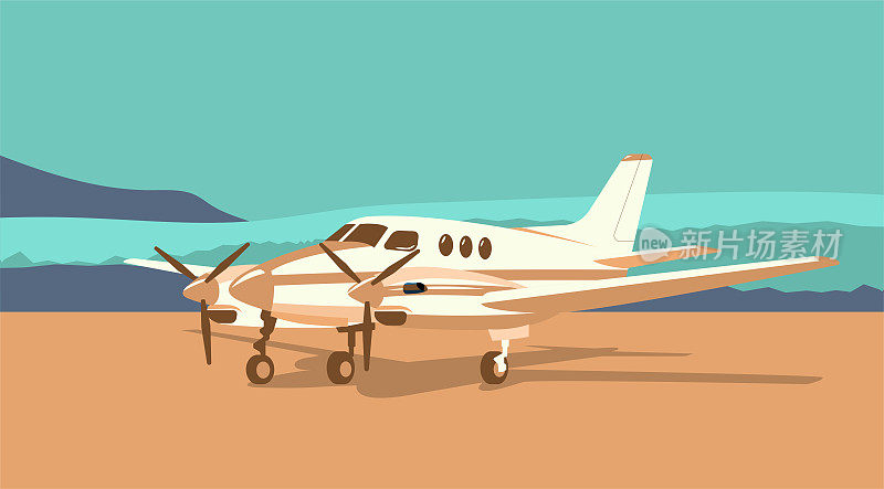 双引擎涡轮螺旋桨飞机上的抽象景观的背景。矢量插图。