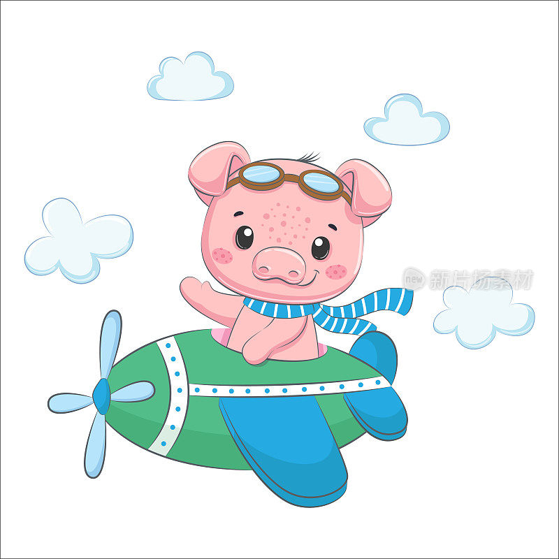 可爱的小猪宝宝正在飞机上飞行。卡通矢量插图。