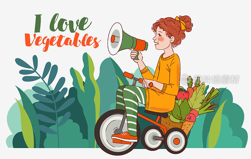 可爱的孩子拿着新鲜的蔬菜在花园里骑自行车。有趣的女孩对着扩音器大喊。夏天的时间