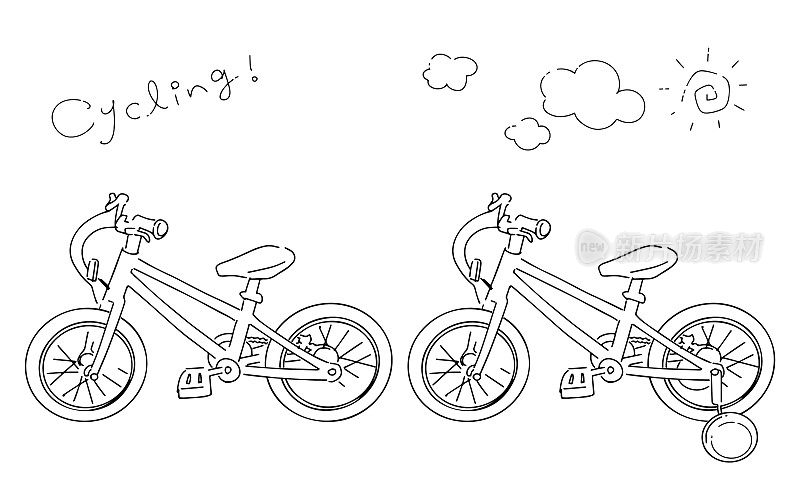 单色矢量插图组的自行车和儿童自行车与训练轮