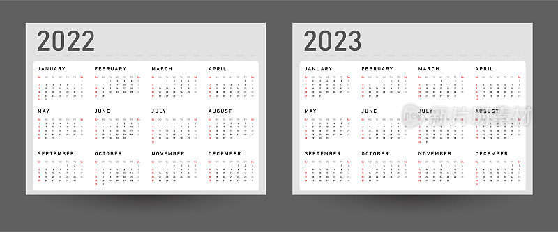 2022年日历和2023年模板。一周从星期日开始。