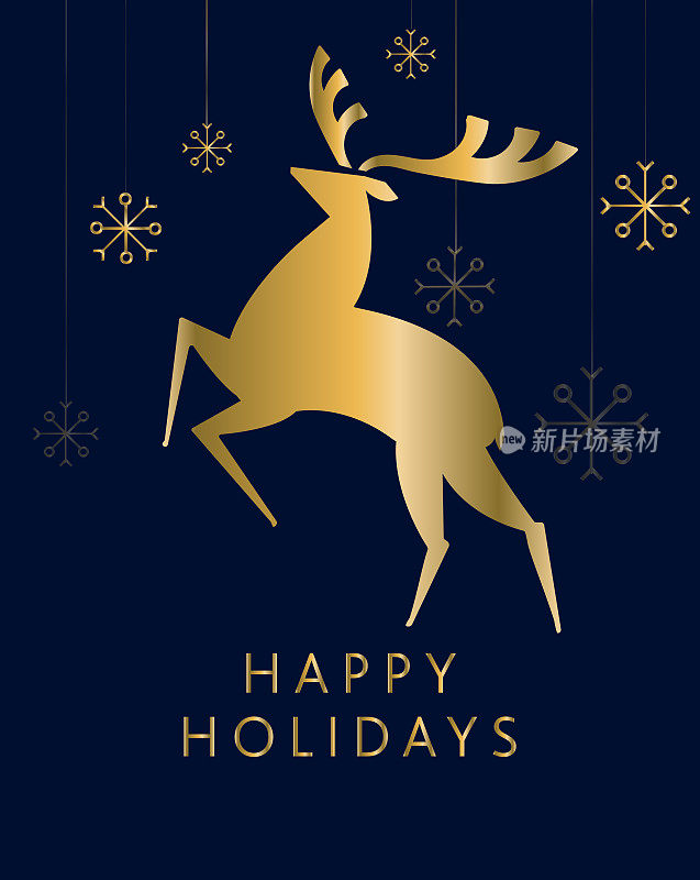 黄金圣诞快乐贺卡驯鹿平面设计模板