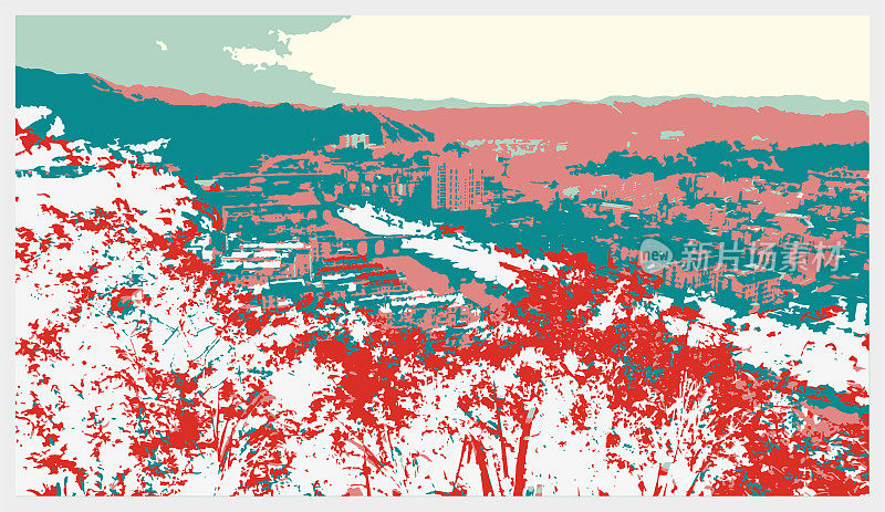 矢量雕刻风格的城市景观场景图案背景插图，祁门县，黄山市-安徽省，中国